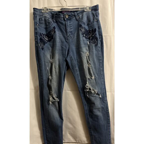 Hydraulic Natural Skinny Blue Distressed Floral Embroidered Jeans Womens 14W 34” - Picture 1 of 15